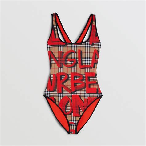 Burberry Graffiti Print Vintage Check Swimsuit in Red 